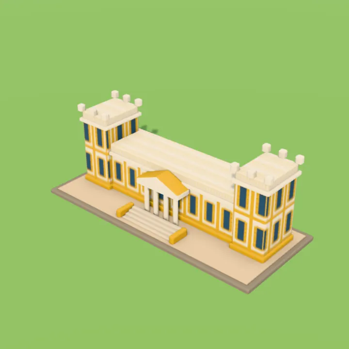 Miniatura da Estação Ferroviária: prédio amarelo com colunas na entrada.