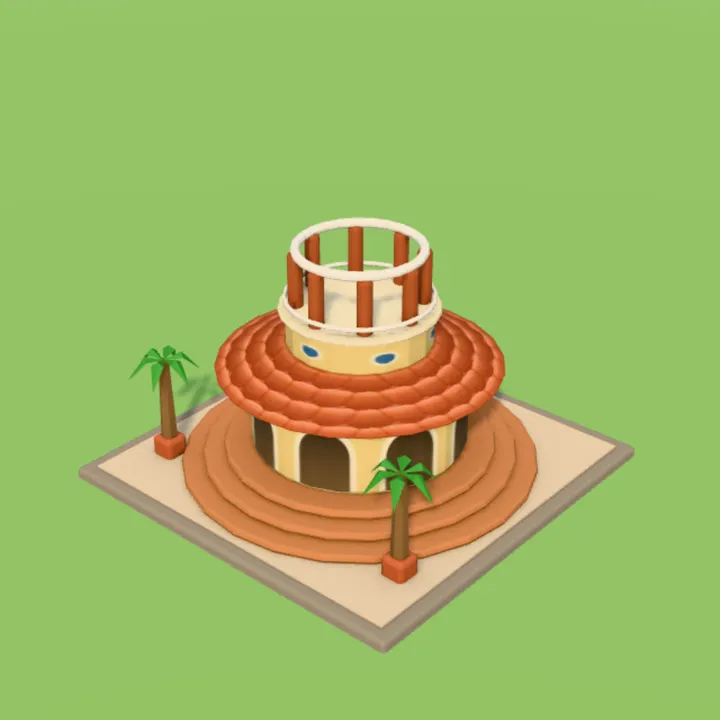 Miniatura da Fonte Dona Beja: pavilhão redondo em degraus, com palmeiras ao lado.