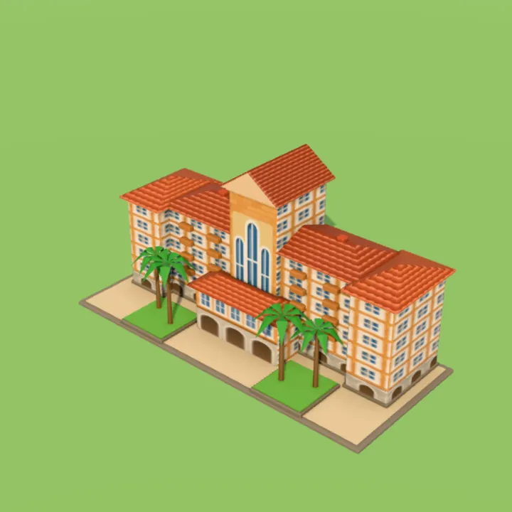 Miniatura do Grande Hotel do Barreiro: prédio de três andares com telhado de barro e palmeiras na frente.