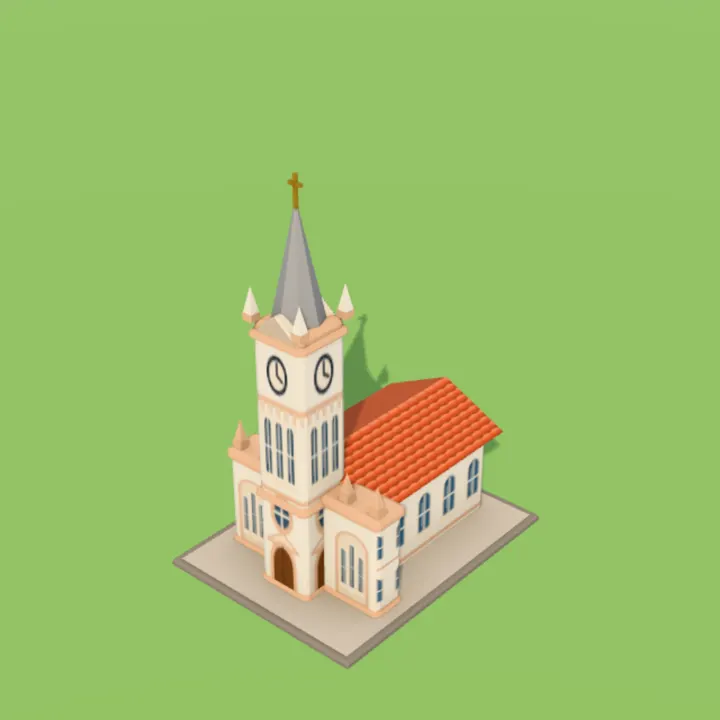 Miniatura da Igreja Matriz de São Domingos, com a torre do relógio e a cruz no alto.