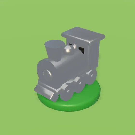 Peão da maria-fumaça, de metal, com a base verde.