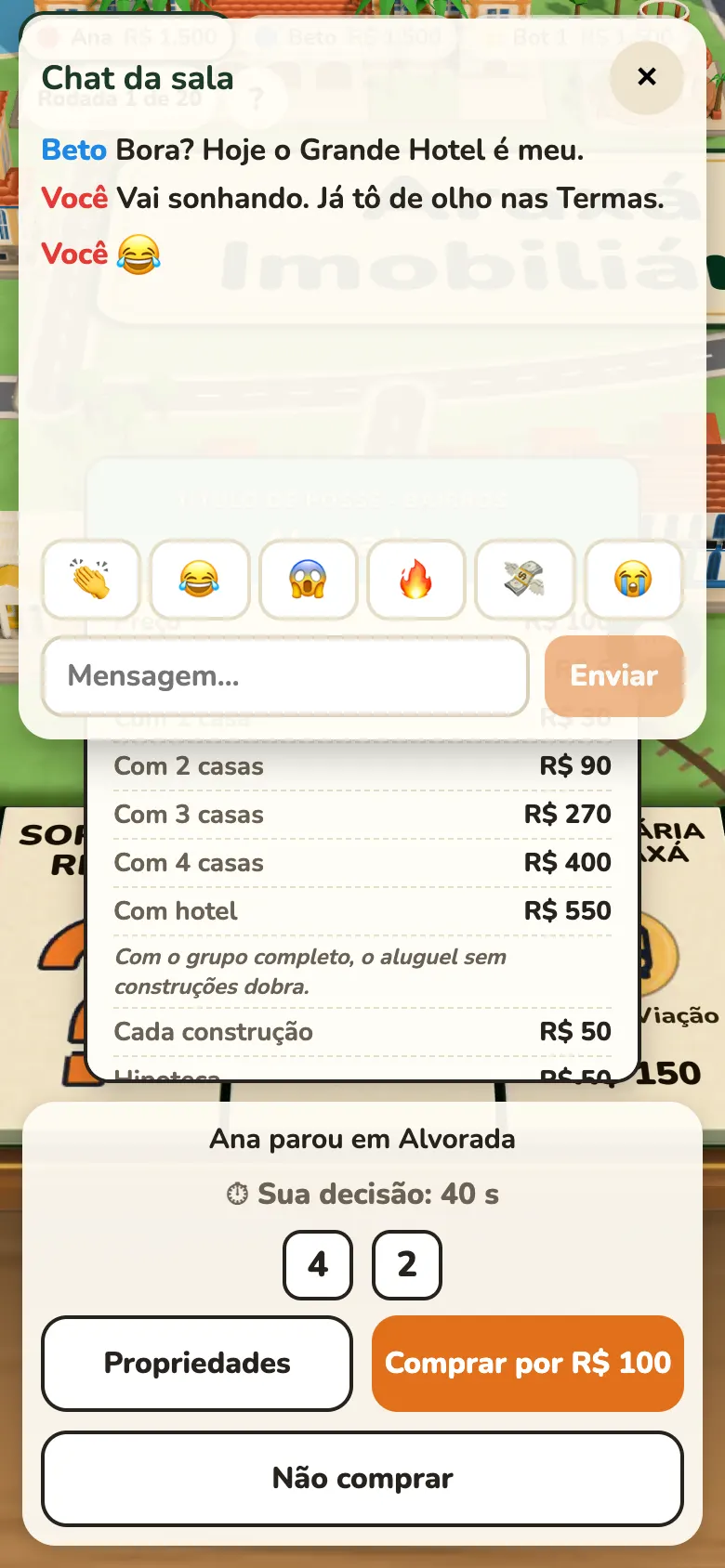 O chat da sala aberto por cima da partida, com mensagens e reações rápidas.