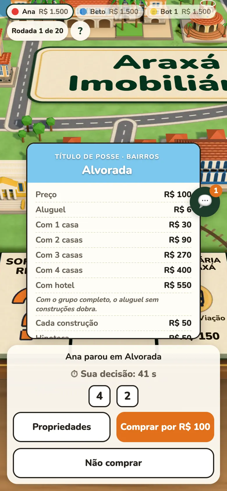 Tela da partida no celular: o tabuleiro em 3D, os dados, o prazo da decisão e os botões de ação.